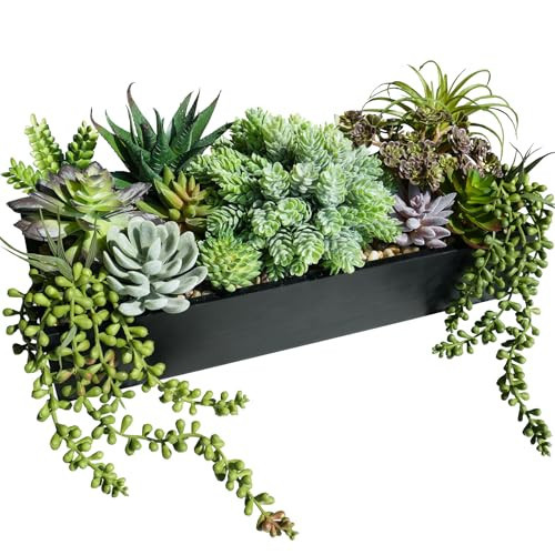 Winlyn 15" Artificial Succulents Arrangement Faux Succulents in Rectangular Black Wooden Planter Box Faux Potted Succulents Plant Garden for Gifts Home Table Centerpiece Mantel Greenery Décor | Amazon (US)
