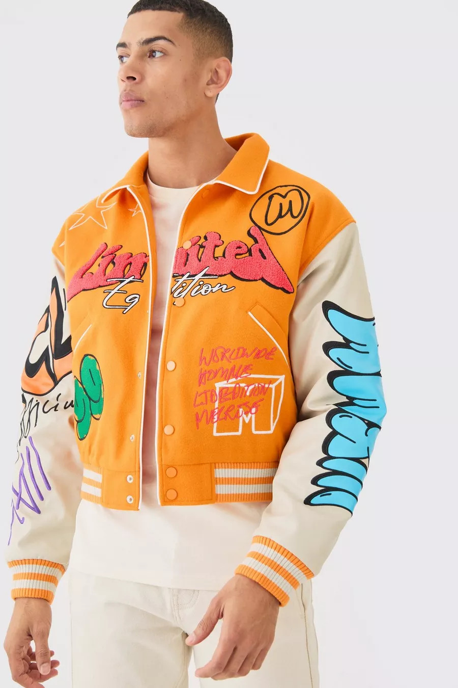 Boxy Fit Graffiti Varsity Jacket | Boohoo.com (UK & IE)