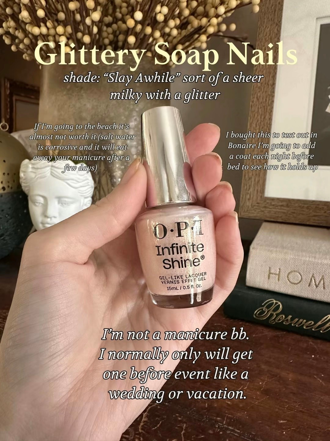 ▪️I’m not a manicure bb. I normally only will get one before event like a wedding or vacation. But if I’m going to the beach it’s almost not worth it (salt water is corrosive and it will eat away your manicure after a few days) So I bought this to test out in Bonaire (shade: “Slay Awhile” sort of a sheer milky ivory with a glitter) added coat each night before bed & it held up well

#LTKSwim #LTKBeauty #LTKTravel