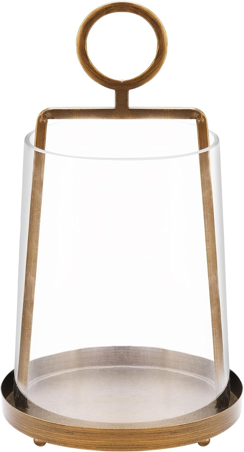 9" Wide Modern Farmhouse Metal Hurricane Candle Holder with Handmade Sturdy Glass Sleeve in Vintage Brass for Pillar Candle & Plants, Glass Hurricane Lantern, Industrial, Minimalistic | Amazon (US)