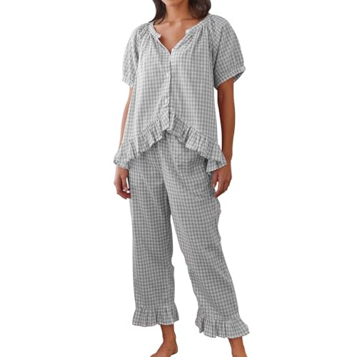 Women Plaid 2 Piece Pajama Set Y2K Button Down Puff Sleeve Babydoll Shirt Gingham Pants Loungewear Sleepwear Pjs l Grey | Amazon (US)