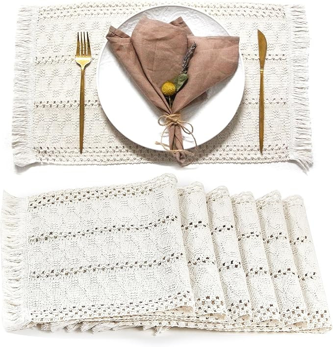 FEXIA Boho Placemats Set of 6, Macrame Table Decor and Farmhouse Style Placemats Natural Cotton B... | Amazon (US)