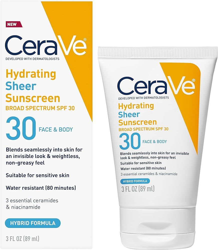 CeraVe Hydrating Sheer Sunscreen SPF 30 for Face and Body | Mineral & Chemical Sunscreen with Zin... | Amazon (US)