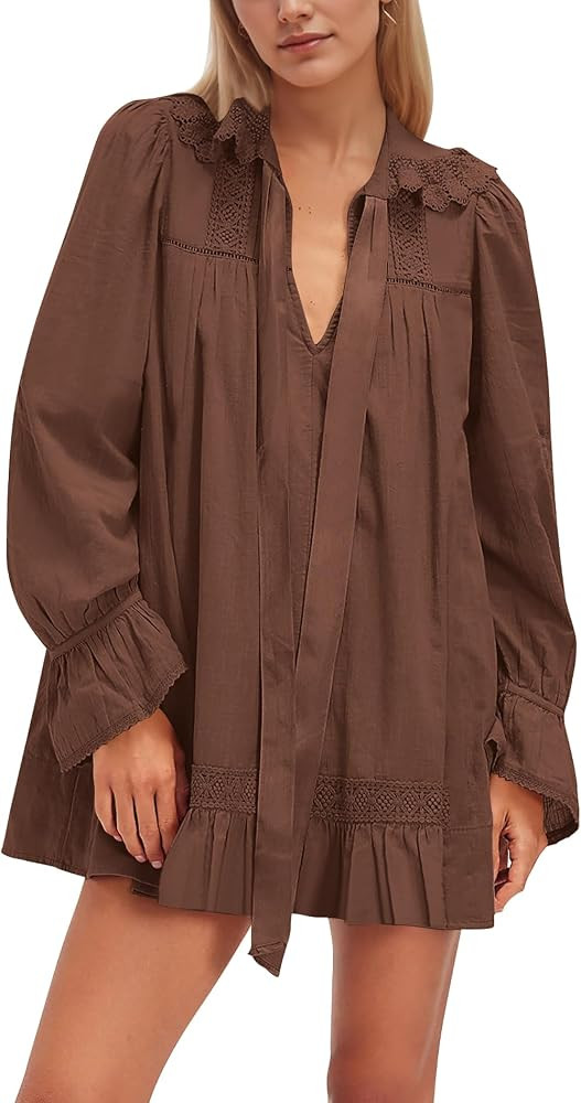 Burtell Long Sleeve Babydoll Dresses Women Fall V Neck Lace Trim Mini Dress Flowy Puff Sleeve Tie... | Amazon (US)