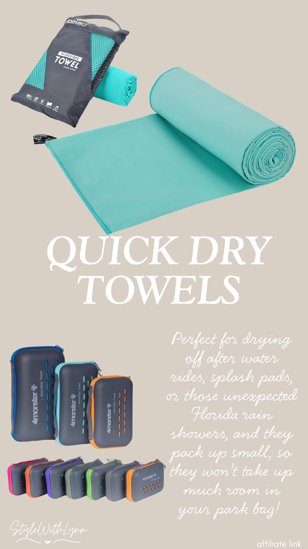 Quick dry towels come in handy for drying off after those splash zones and pop-up rain showers.   

 #LTKmomlife #LTKTravel