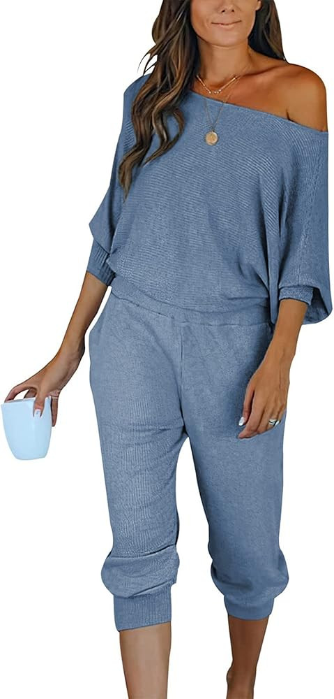 PRETTYGARDEN Women's 2 Piece Ribbed Tracksuit Outfits Off Shoulder Long Sleeve Pullover Lounge Pa... | Amazon (US)
