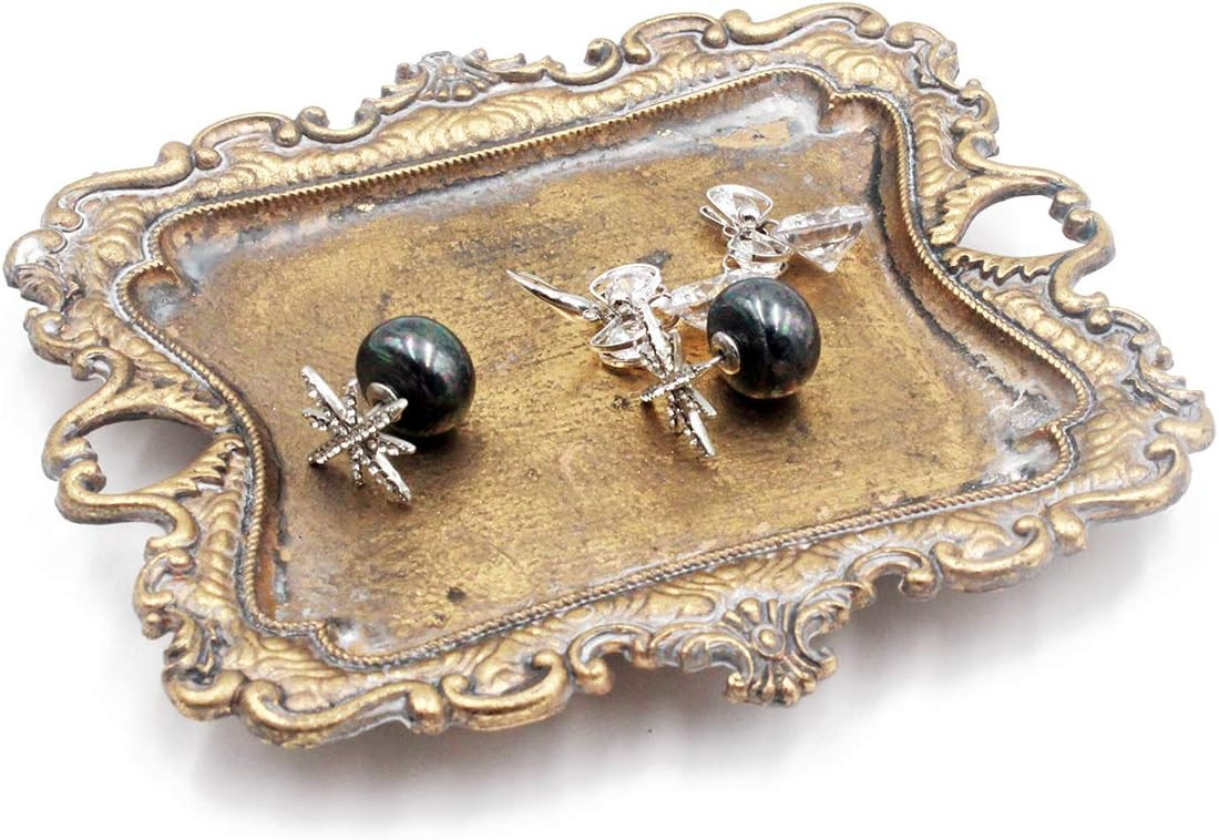 Funly mee Small Antique Trinket Dish Vintage Gold Metal Jewelry Tray, Ring Holder-5.3 x 3.5 x 1.2 inches | Amazon (US)