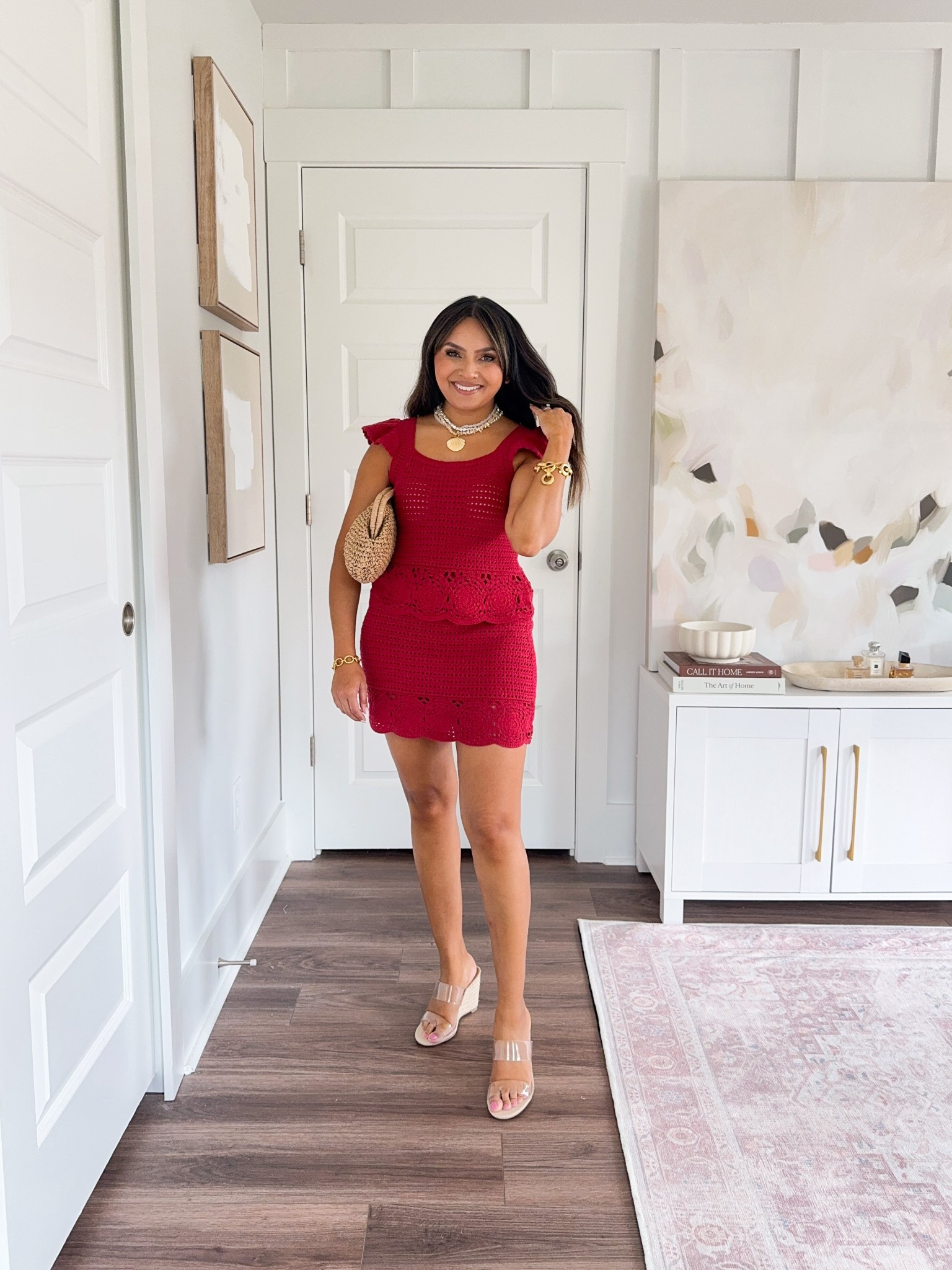 Red crochet top size xs TTS
Red crochet skirt size xs TTS
Clear heels size 5 TTS

