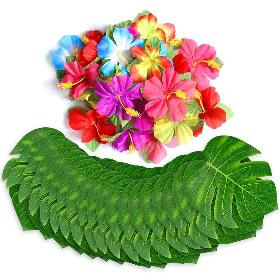 60Pcs Tropical Party Decorations Supplies Tropical Palm Leaves Hibiscus Flower Simulation Artific... | Amazon (US)