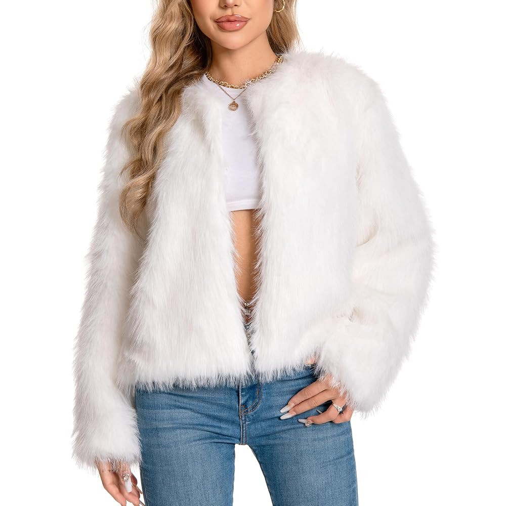 Fur Coat for Women,Faux Furry Long Sleeve Cropped Fluffy Jacket Open Front Coat Shaggy Warm Fall ... | Amazon (US)