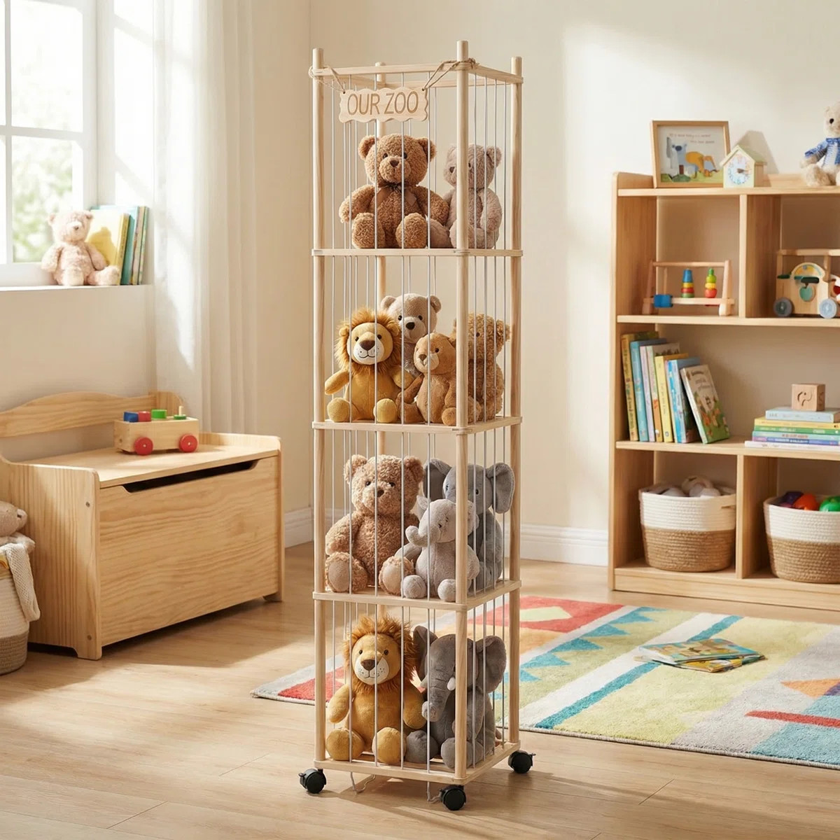 Stuffed Animal Storage Organizer, Wooden Plush Toy Holder with Elastic Rope, Large Capacity Kids ... | Wayfair North America