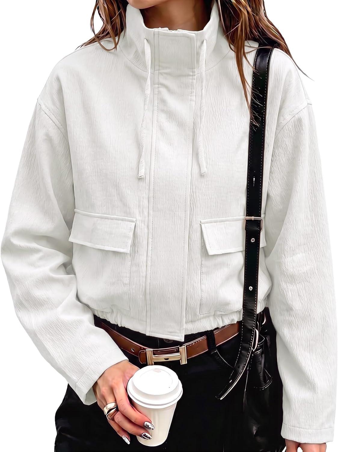 Fisoew Womens Cropped Jackets Lightweight Safari Fall Coats With Pockets | Amazon (US)