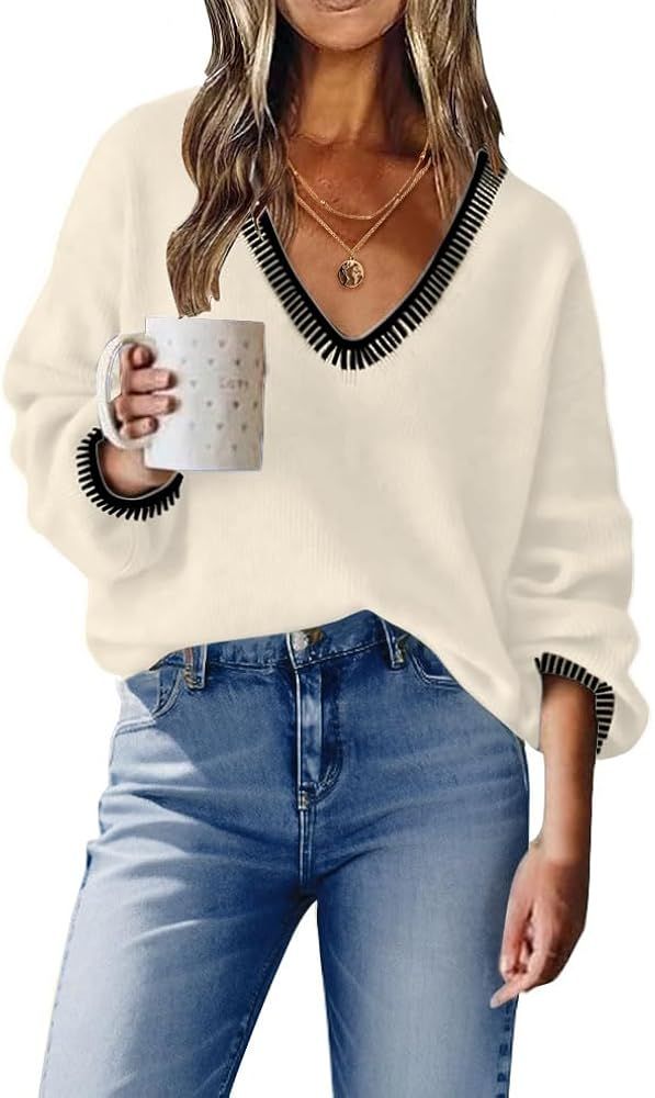 Womens Long Sleeve V Neck Sweaters Off Shoulder Knit Tops Casual Lightweight Pullover Sweater | Amazon (US)