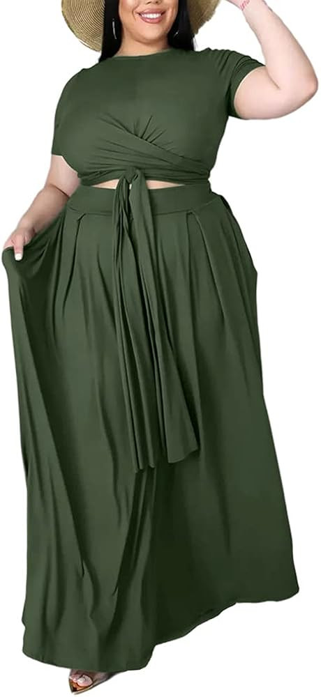 Ophestin Womens Plus Size 2 Piece Dress Outfits Solid Color Crop Top Maxi Skirts Set | Amazon (US)