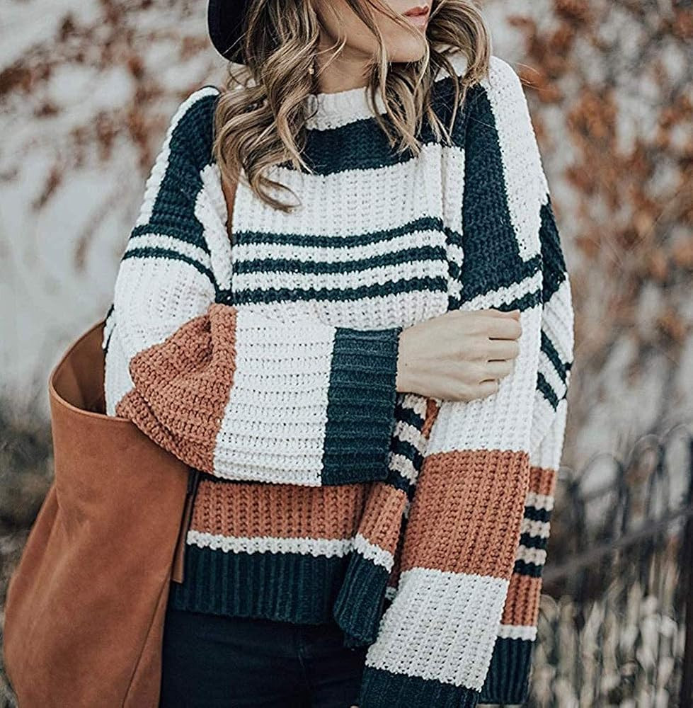 Women's Long Sleeve Crew Neck Striped Color Block Casual Loose Knitted Pullover Sweater Tops | Amazon (US)