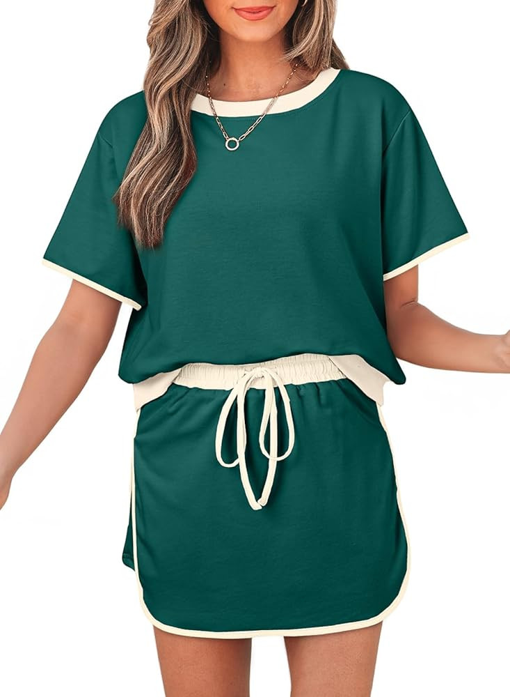 Women's 2 Piece Sets Summer Casual Short Sleeve Tops and Matching Drawstring Skort Going Out Loun... | Amazon (US)