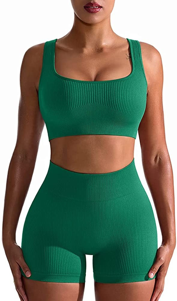 OQQ Workout Outfits for Women 2 Piece Seamless Ribbed High Waist Leggings with Sports Bra Exercis... | Amazon (US)
