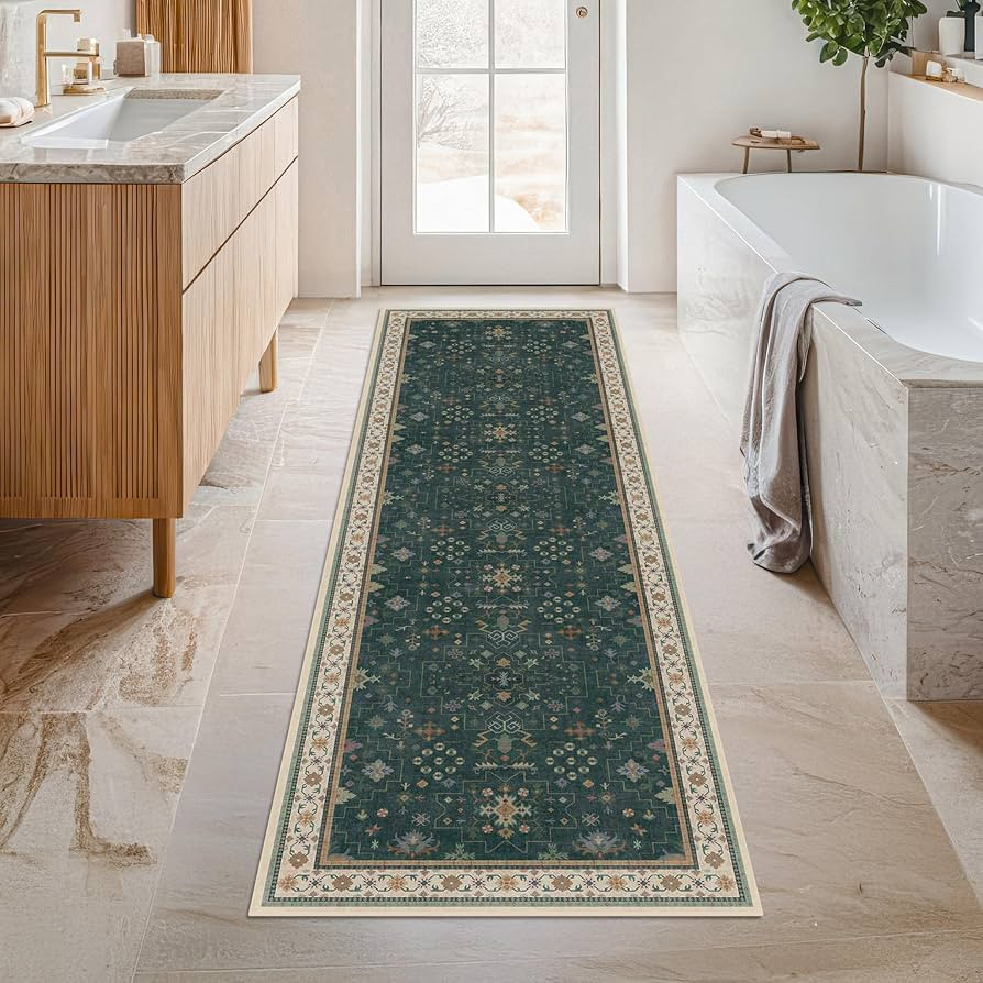 Dark Green 2x6 Kitchen Rug - Modern Vintage Boho Eclectic Floral with Brown Accent, Washable Low ... | Amazon (US)