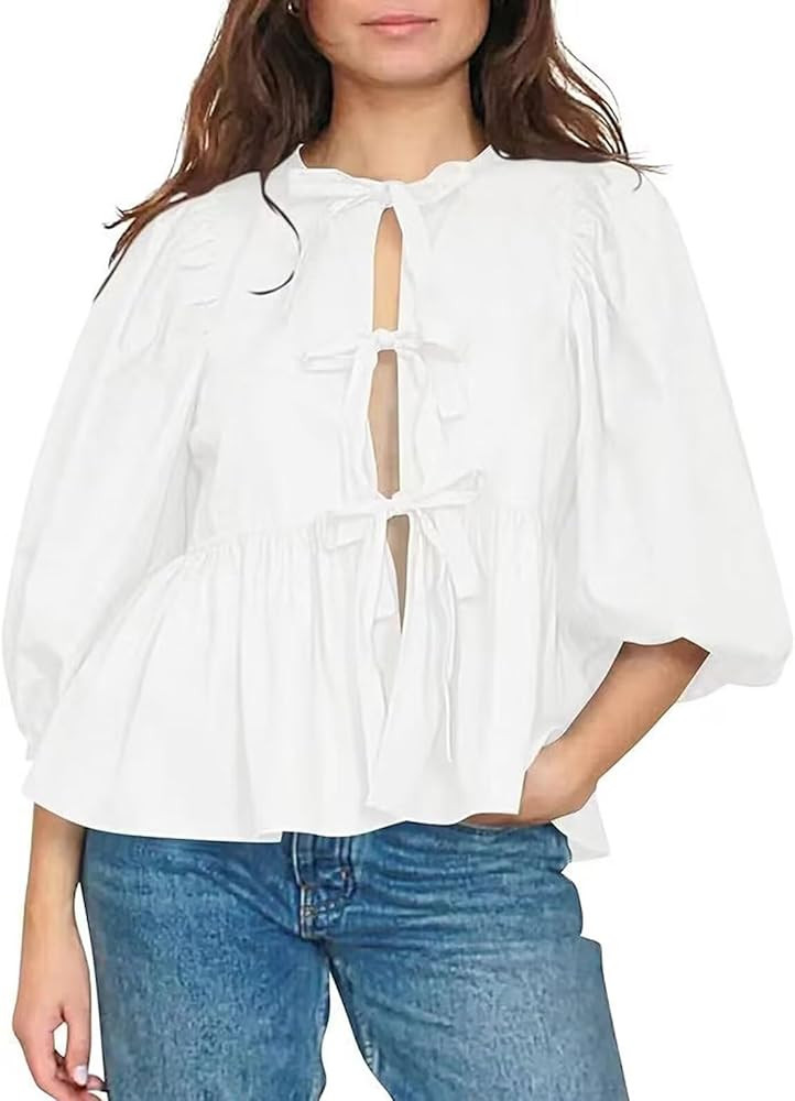 Women Y2K Peplum Shirt Bow Blouse Tie Up Front Puff Short Sleeve Ruffle Babydoll Top | Amazon (US)