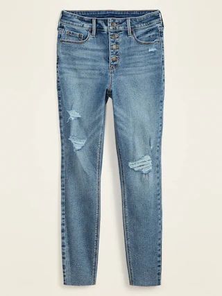 High-Waisted Button-Fly Distressed Rockstar Super Skinny Ankle Jeans for Women | Old Navy (US)
