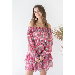 Off-Shoulder Floral Chiffon Mini Dress in Pink | Chicwish