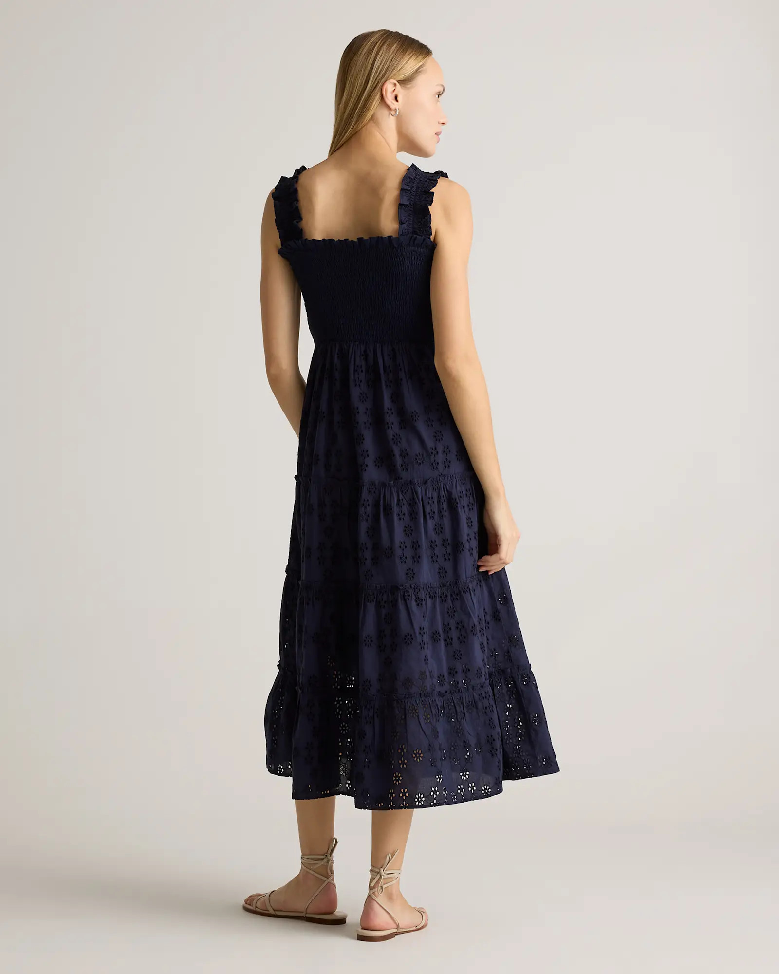 100% Organic Cotton Eyelet Smocked Midi Dress in Navy | Quince