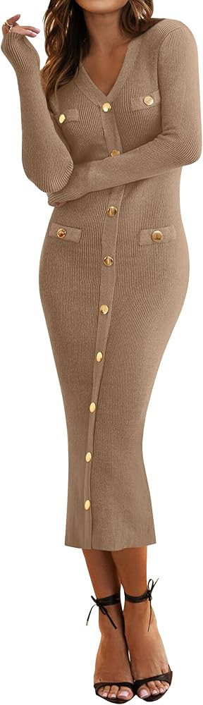 MIROL Women's V-Neck Bodycon Sweater Dress 2024 Fall Long Sleeve Button Down Knit Maxi Dress Eleg... | Amazon (US)