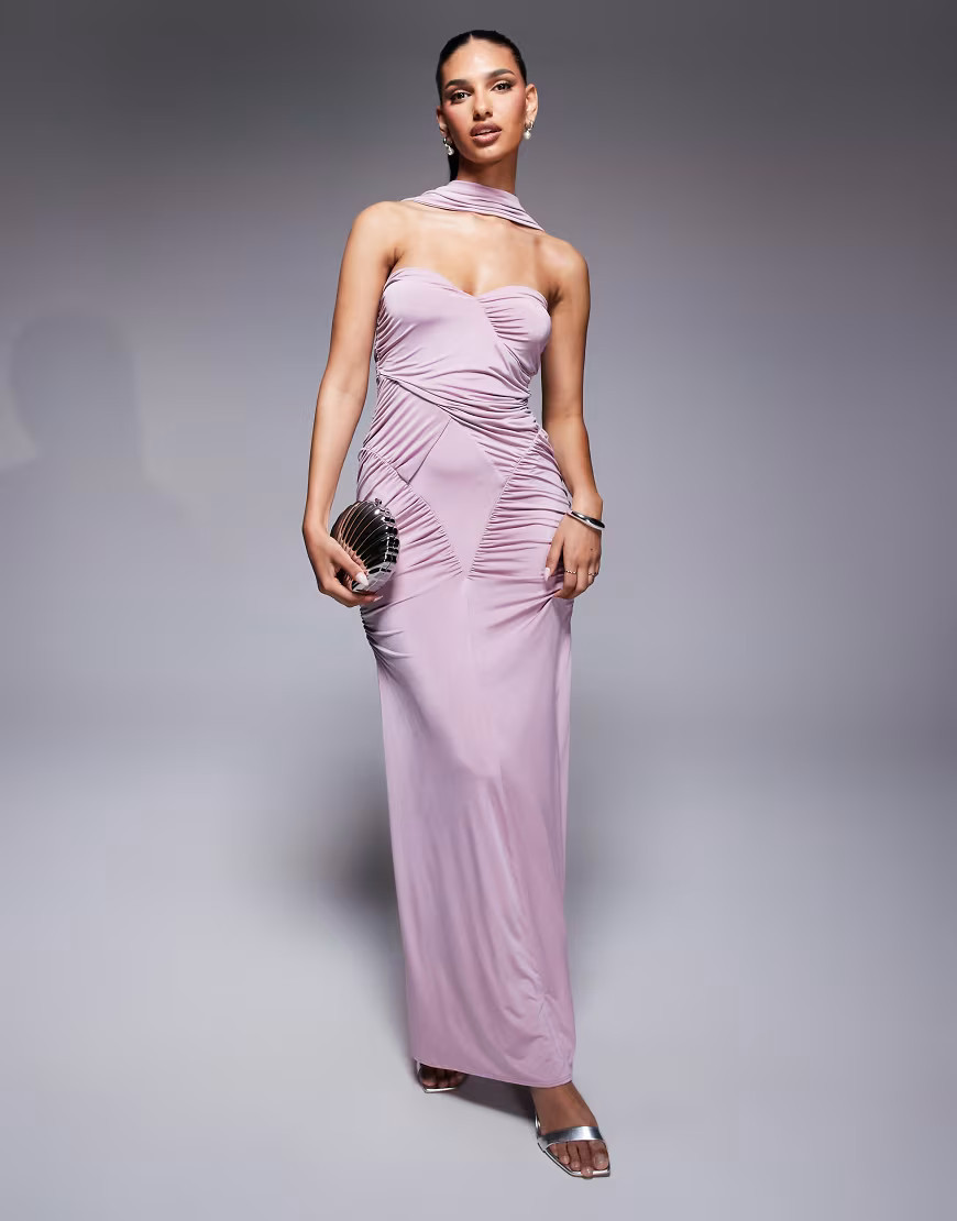 ASOS DESIGN – Figurbetontes, trägerloses Maxikleid in Flieder mit Raffung und gebundenem Halsausschnitt-Lila | ASOS (Global)