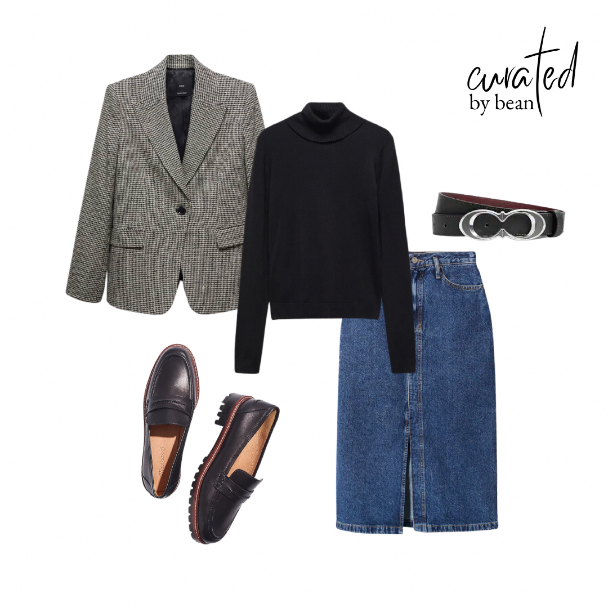 Denim skirt. Denim maxi skirt midi skirt. Turtleneck. Fall outfit. Houndstooth blazer. Fall fashion. Lug sole loafer.

#LTKxMadewell #LTKSeasonal