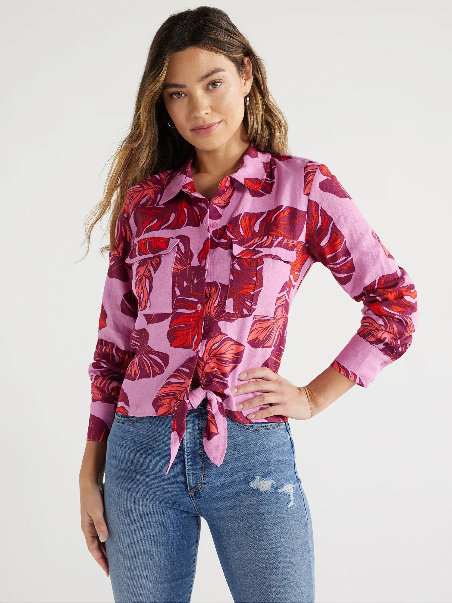 Sofia Jeans Women's and Women's Plus Linen Blend Tie Front Top with Cargo Pockets, Sizes XS-5X - ... | Walmart (US)