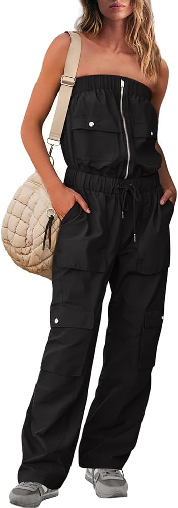 UNIANKIYA Strapless Jumpsuits for Women Casual Tube Top Romper Cargo Pants with Pockets Off Shoul... | Amazon (US)