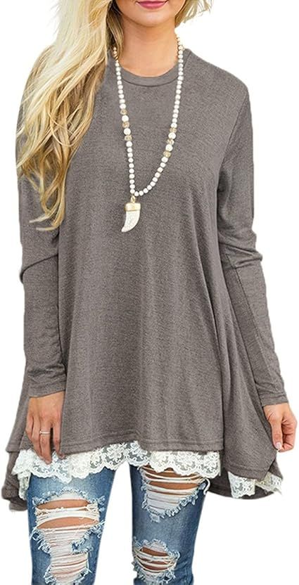 WEKILI Women's Tops Long Sleeve Lace Scoop Neck A-line Tunic Blouse | Amazon (US)