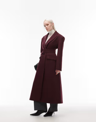 ASOS DESIGN tailored power shoulders belted overcoat in plum | ASOS (Global)