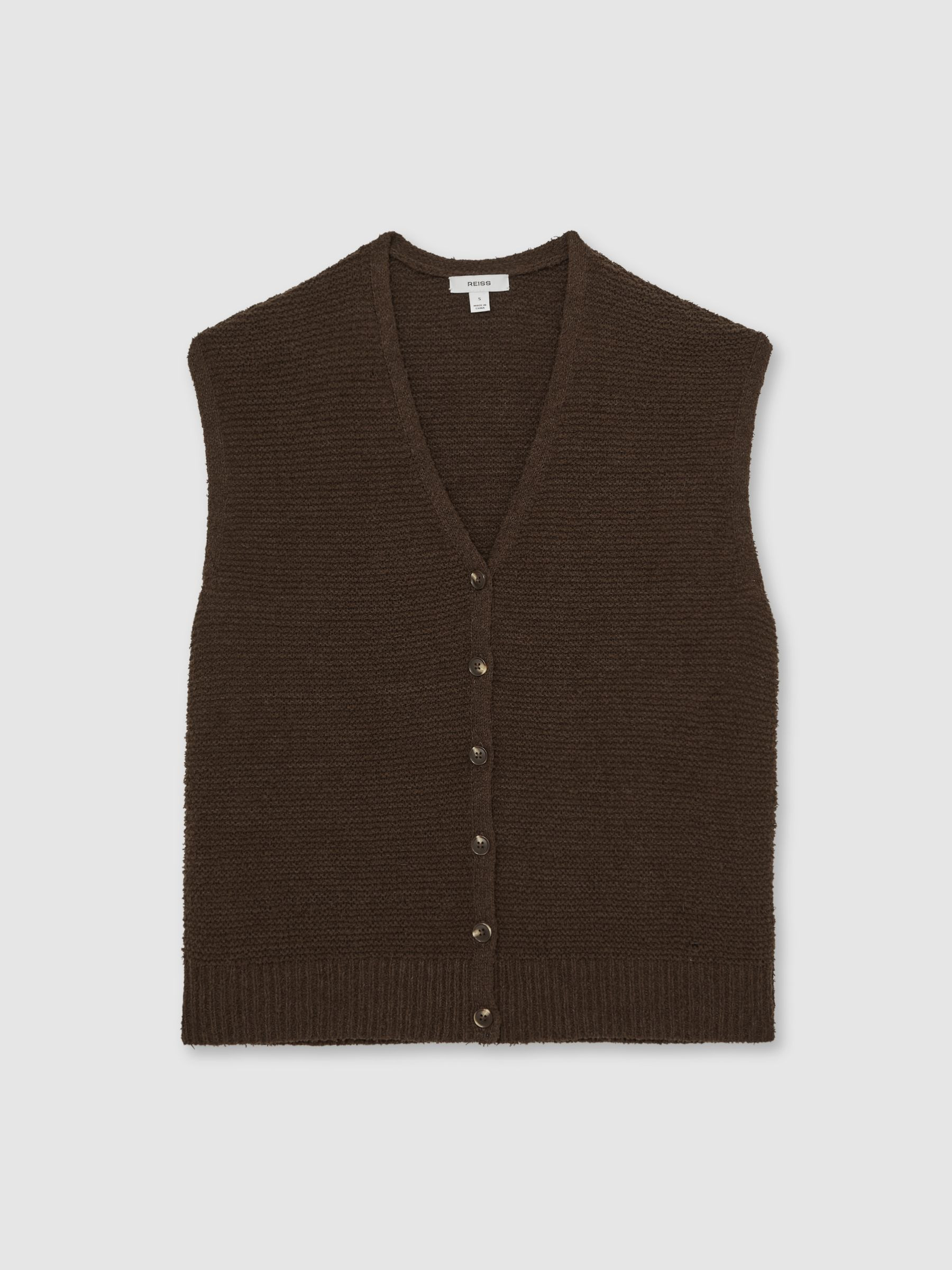 Reiss Cotton-Linen Button-Through Knit Top in Chocolate Brown | REISS | Reiss US