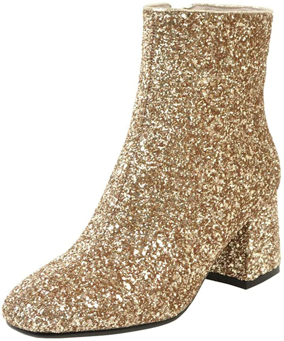 MAVMAX Women's Sequin Glitter Ankle Boots Chunky Heels Sparkly Booties | Amazon (US)