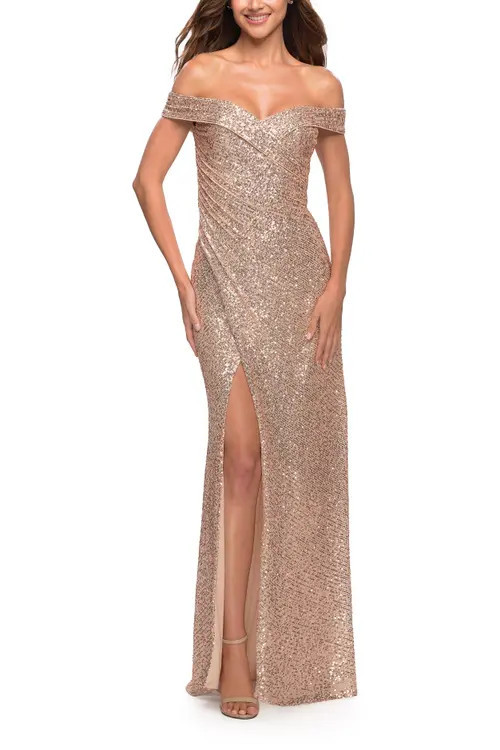 La Femme Off the Shoulder Ruched Sequin Dress with Slit in Rose Gold at Nordstrom, Size 4 | Nordstrom