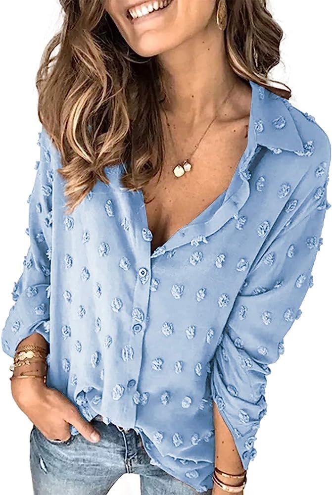 Astylish Women Pompom Button Down Shirt Casual Blouse Top | Amazon (US)