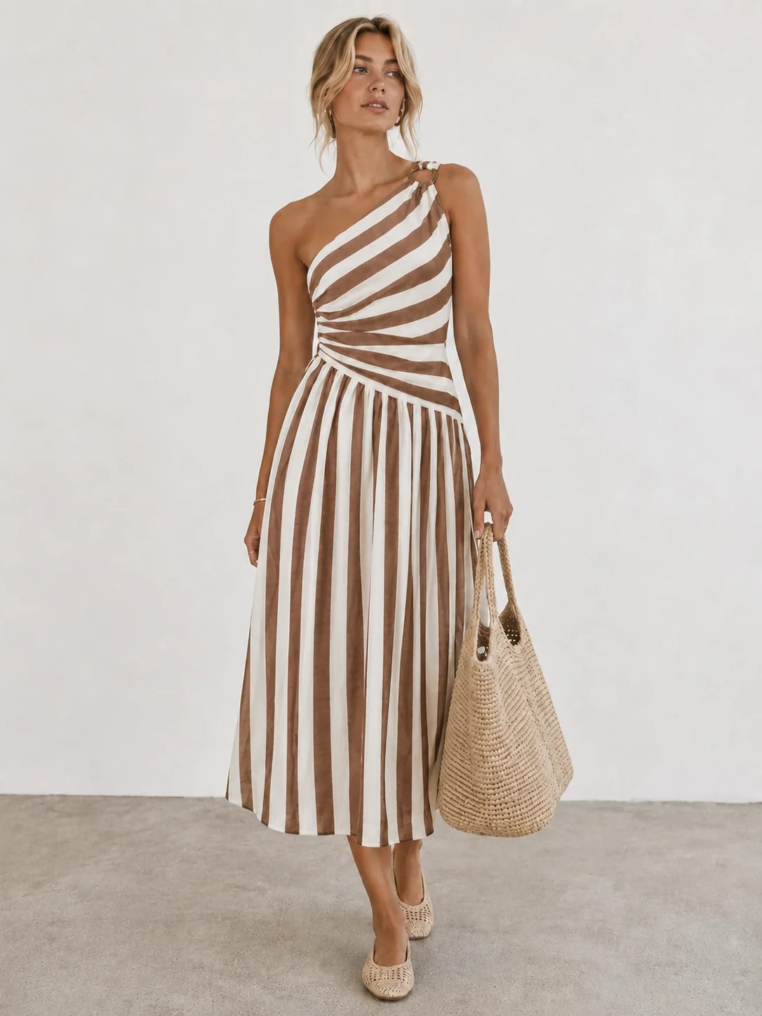 One-Shoulder Striped Ring Detail Midi Dress | Commense
