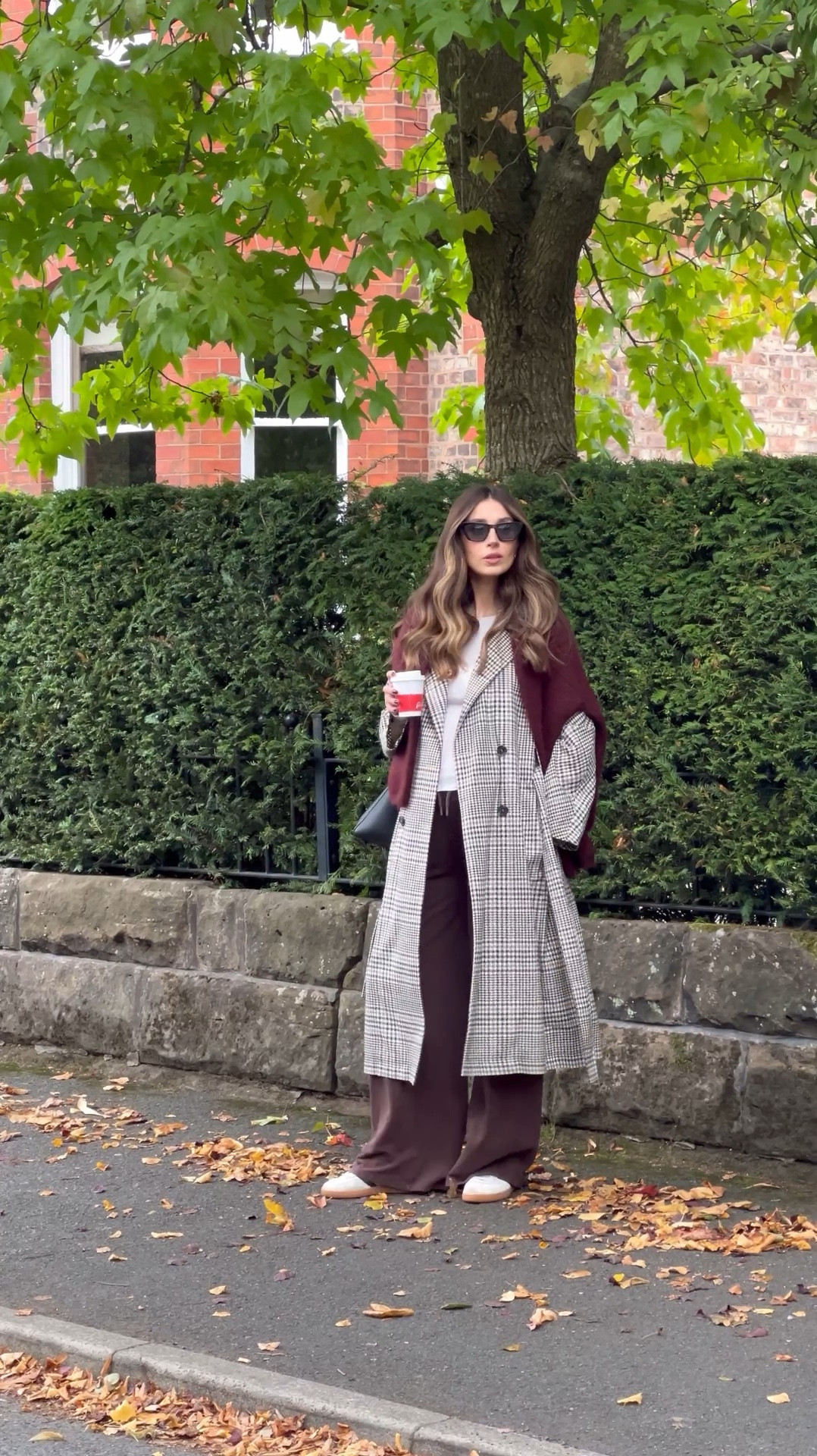 Comfy autumn outfit for my gals with a bump 🤰🏻 Trench coat, check coat, burgundy jumper, cat eye sunglasses, adidas trainers 🍂 Maternity wear 🤰🏻 

#LTKmaternity #LTKuk #LTKautumn