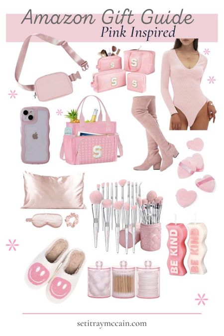 Amazon pink inspired gifts. Gifts for her, Amazon deals, daily deals, pink makeup brushes, pink knee-high boots, kitsch pillow cases, iPhone case cover, pink belted bag, pink long sleeve bodysuit, pink slippers, pink candles. Holiday gifts, gifts for sister, gifts for besties.

#LTKxPrime #LTKGiftGuide #LTKsalealert