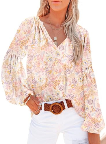 Dokotoo Womens Boho Tops and Blouses Floral Printed V Neck Long Sleeve Ladies Summer Chiffon Shirts with Drawstring Medium Golden Apricot | Amazon (US)