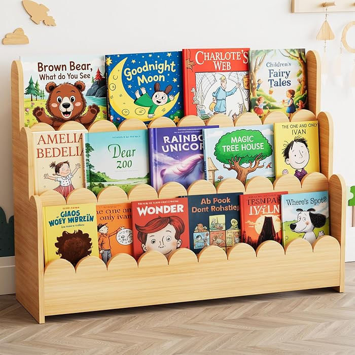 SpaceAid 3-Tier Scalloped Bookshelf, Montessori Bookcase for Toddlers, Wooden Book Shelf Organize... | Amazon (US)