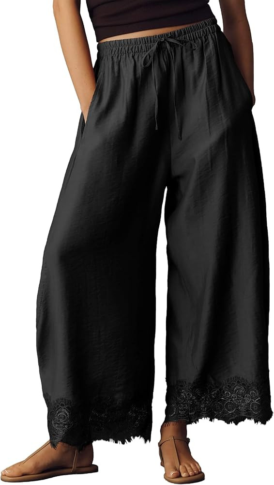 Women Cropped Lace Hem Pants Casual Drawstring Elastic High Waisted Trousers Summer Beach Flowy P... | Amazon (US)