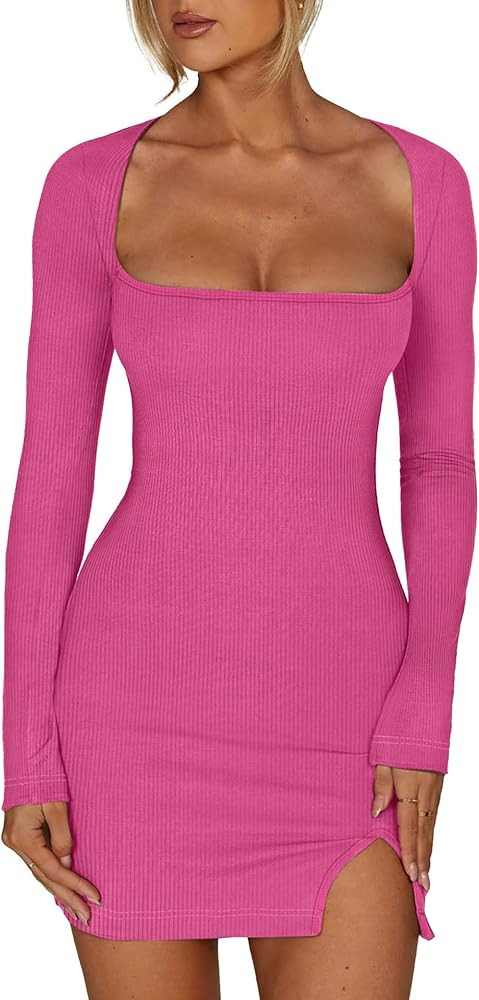 HYPERFIRE Women's Sexy Ribbed Square Neck Long Sleeve Bodice Dress Cut Out Bodycon Dresses | Amazon (US)