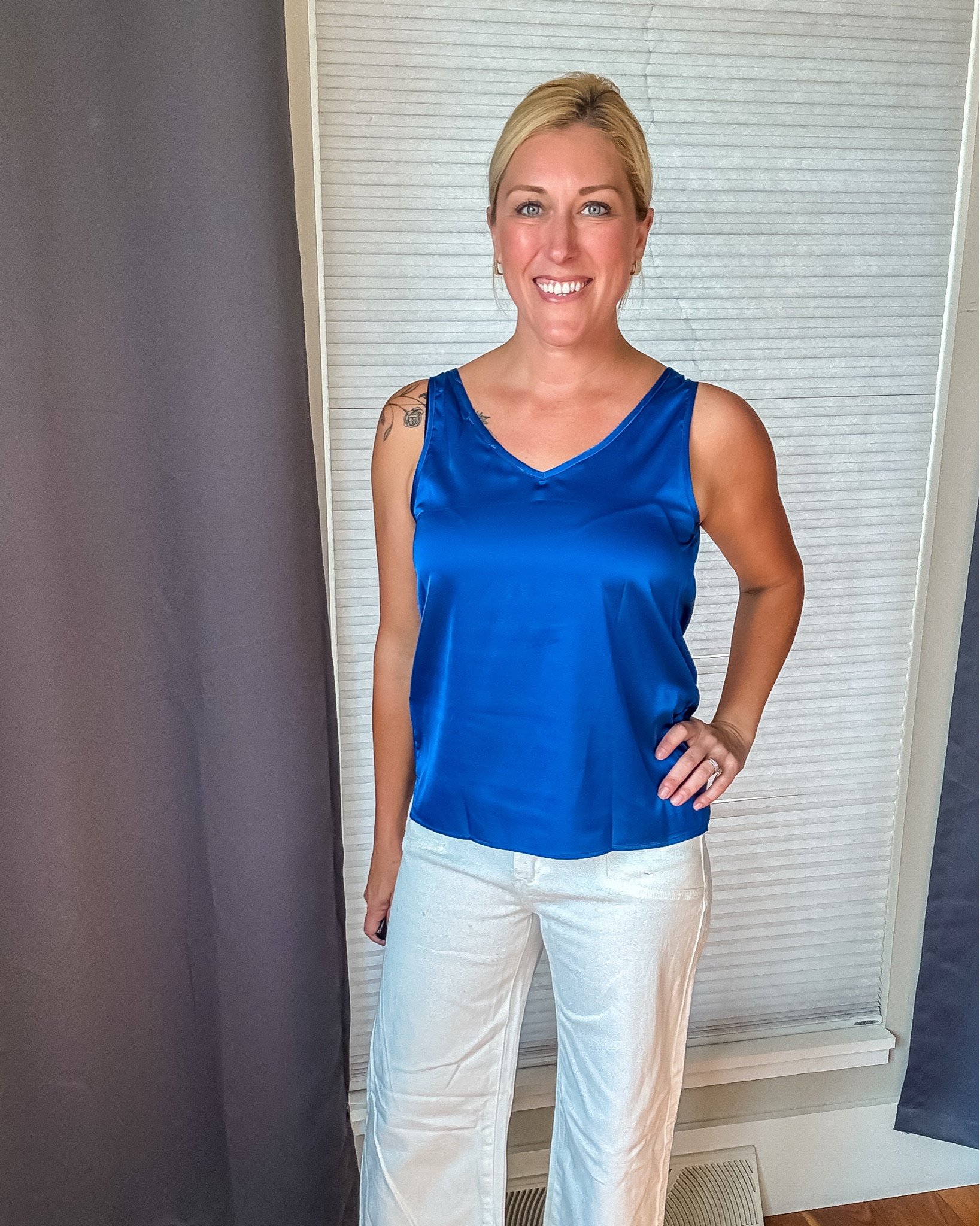✨The perfect mix of classy + comfy!✨ This satin tank top is double layered, and has nice wide straps to keep bra straps hidden. It’s loose in all the right places and long enough to tuck or wear out.
#summerblouse #elegantcasual 