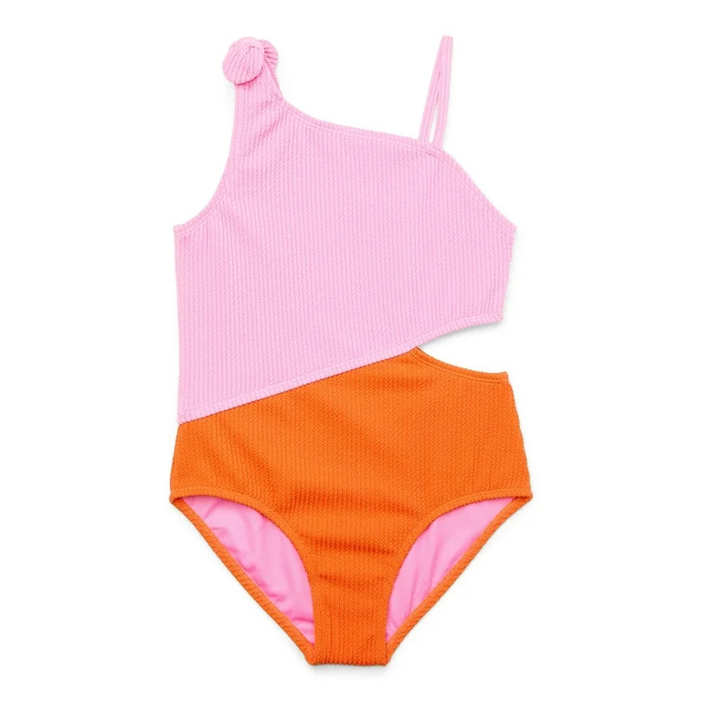 Wonder Nation Girls Popcorn One Shoulder One Piece Swimsuit with Side Cut Out, Sizes 4-16 | Walmart (US)