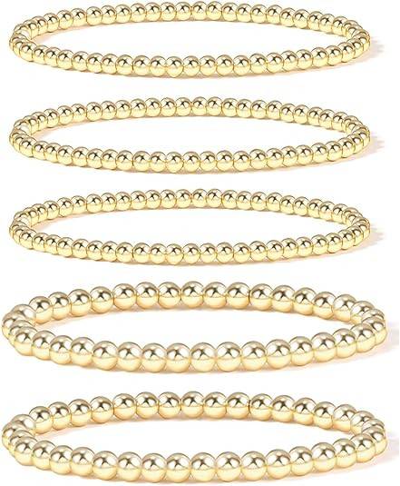 Gold Bead Bracelet for Women,14K Gold Plated Bead Ball Bracelet Stretchable Elastic Bracelet | Amazon (US)