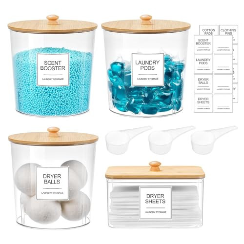 Laundry Pods Container & Dryer Sheet Holder, Laundry Room Organization and Storage Jars with Lids, Labels & Scoops for Powder Detergent Scent Booster | Amazon (US)