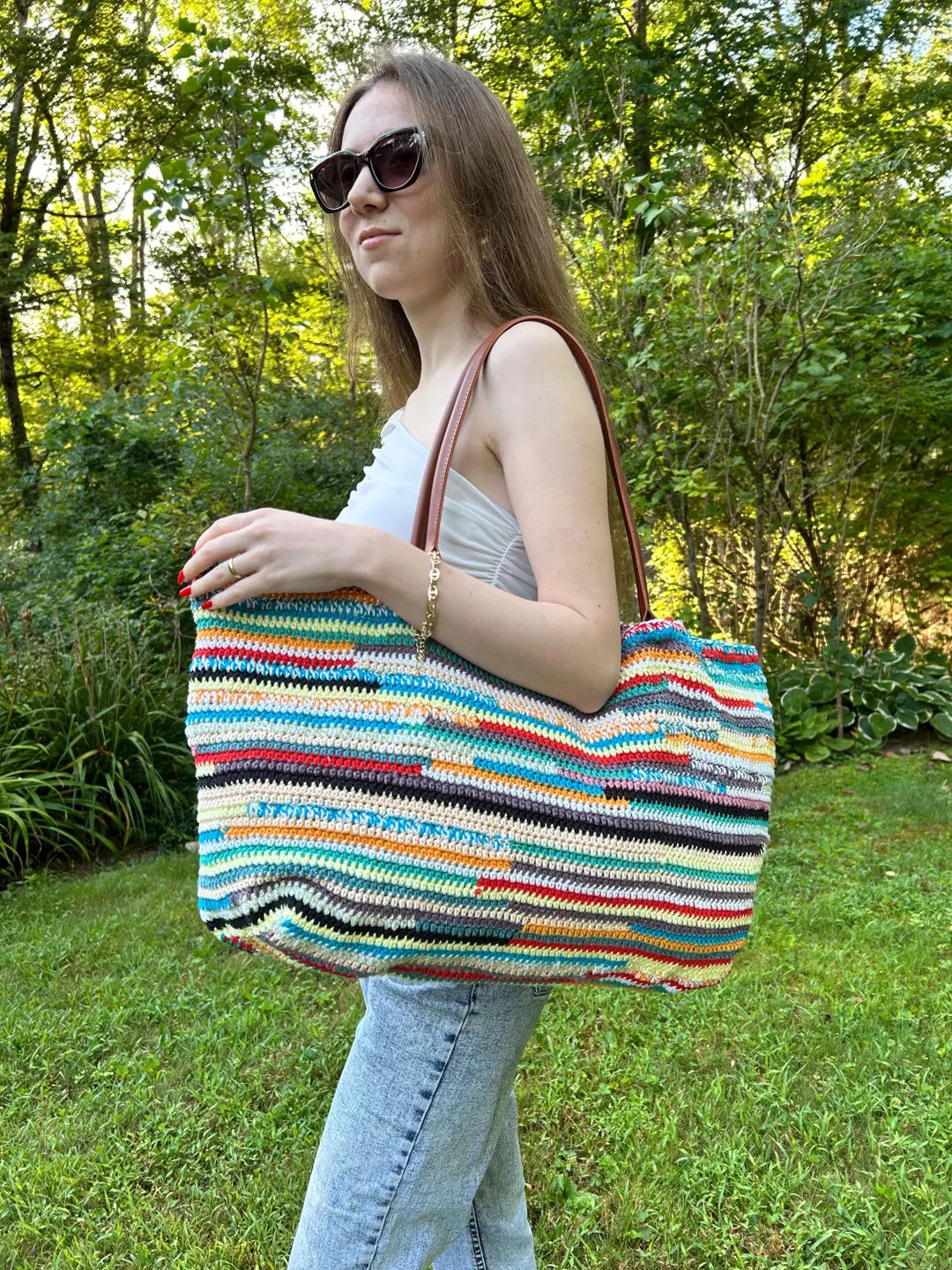 Rainbow Striped Tote Bag, Handmade Crochet Bag with Leather Strap | Etsy (US)