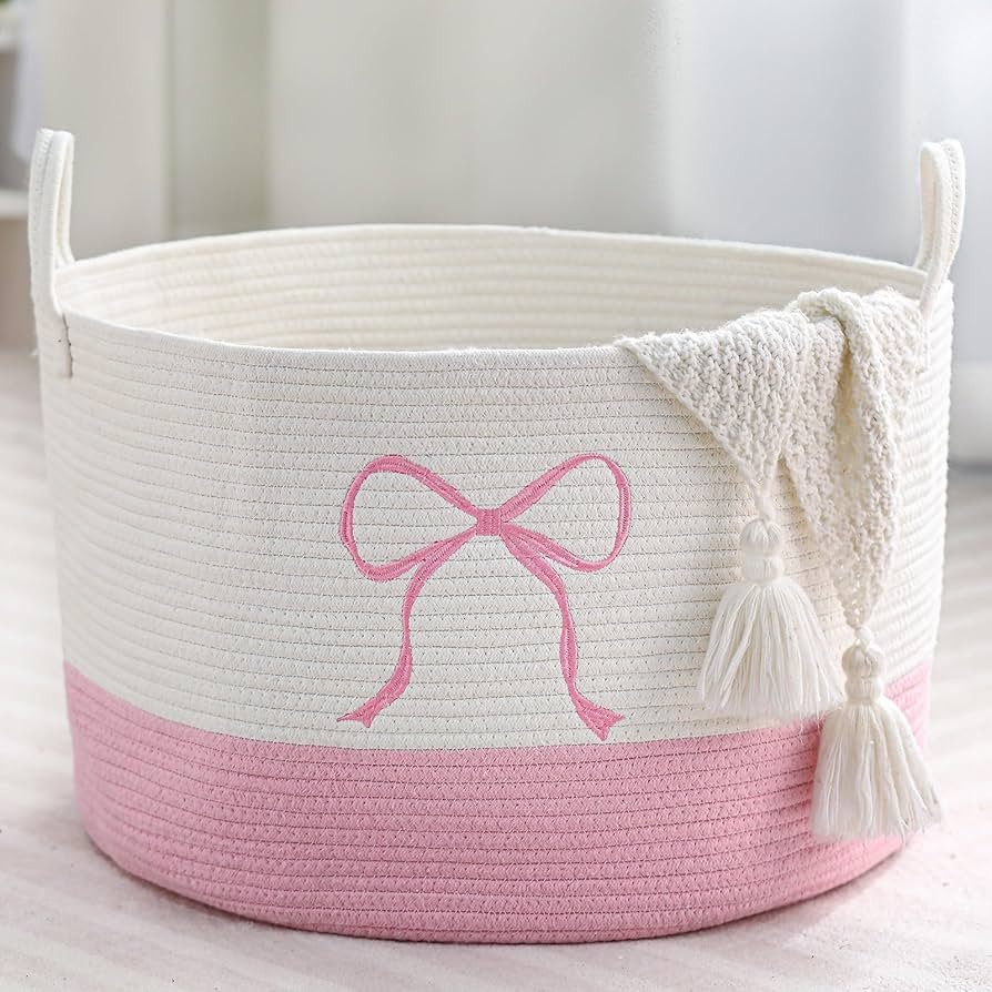 Honeydak Pink Laundry Basket Bow Hamper Cotton Rope Pink Laundry Hamper 13 x 20 Inch Toy Box Larg... | Amazon (US)